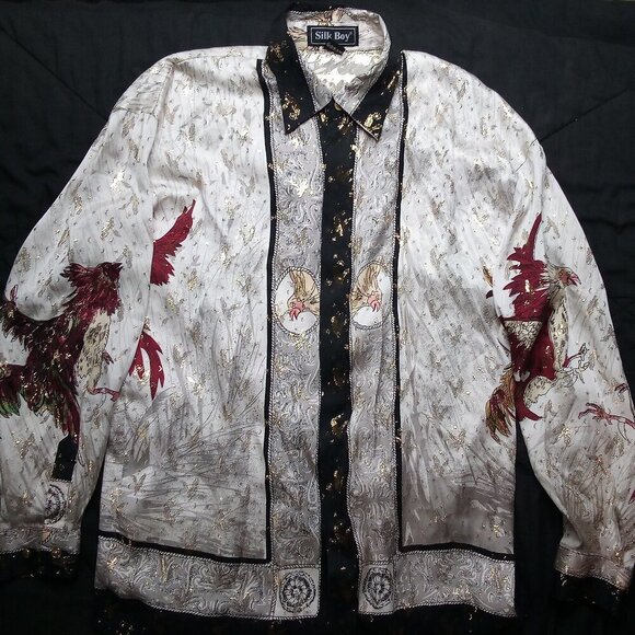 Vintage Silk Boy Rooster Phoenix Metallic Gold Button Shirt - Picture 2 of 8